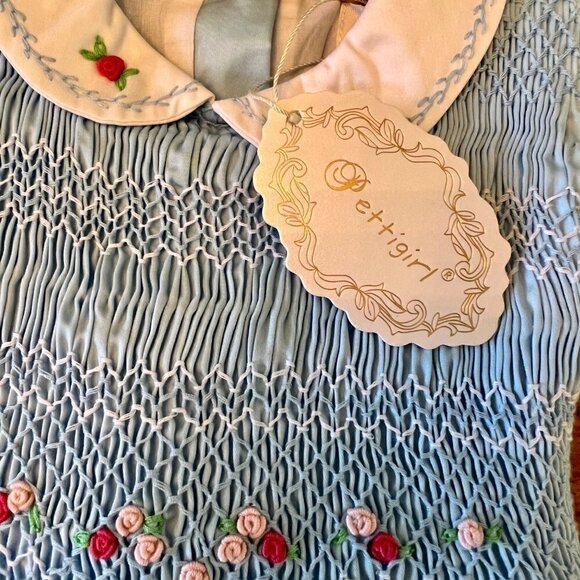 Solid Blue Smocked Dress Pink Rose Embroidery Peter Pan Collar & Sock Bundle - Picture 3 of 14